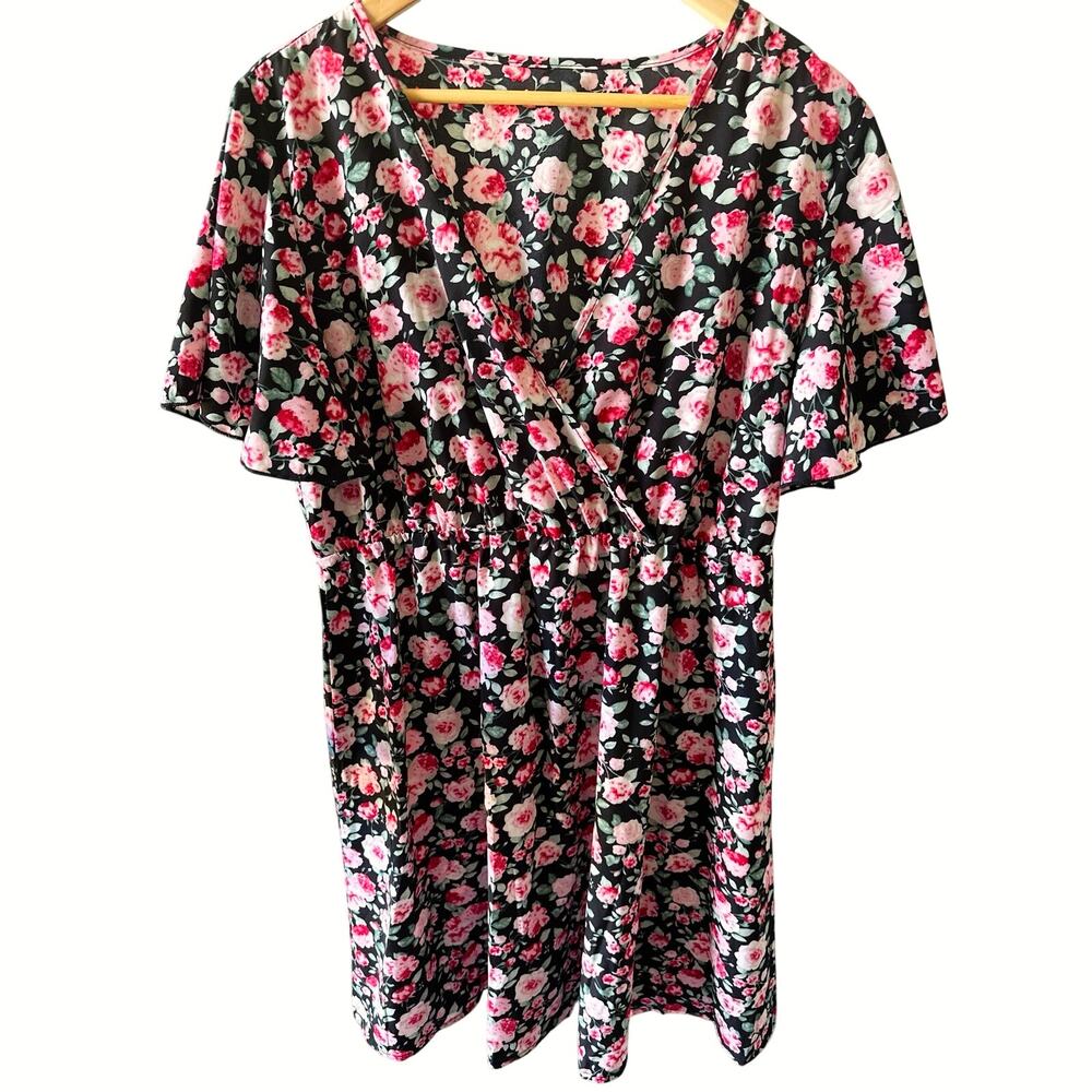 Plus 1X-2X Black Pink Floral V Neck Dress Elastic Waist Very Flattering Boho